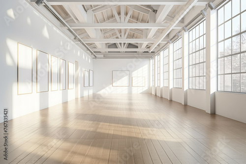 Modern Art Gallery Interior with White Walls, Large Windows, and Sunlight