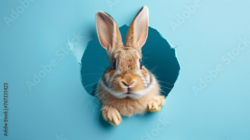 Lovely bunny rabbit pet peeping out from the hole on blue background, Easter holidays concept