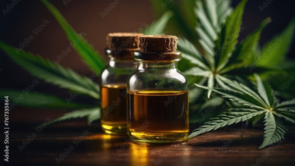 a bottle of cannabis oil next to a marijuana leaf a bottle of cannabis oil next to a marijuana leaf