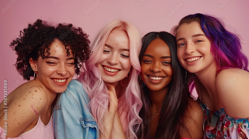 Studio shot of gorgeous happy young diverse ladies cuddling and smiling in pastel background Studio shot of gorgeous happy young diverse ladies cuddling and smiling in pastel background