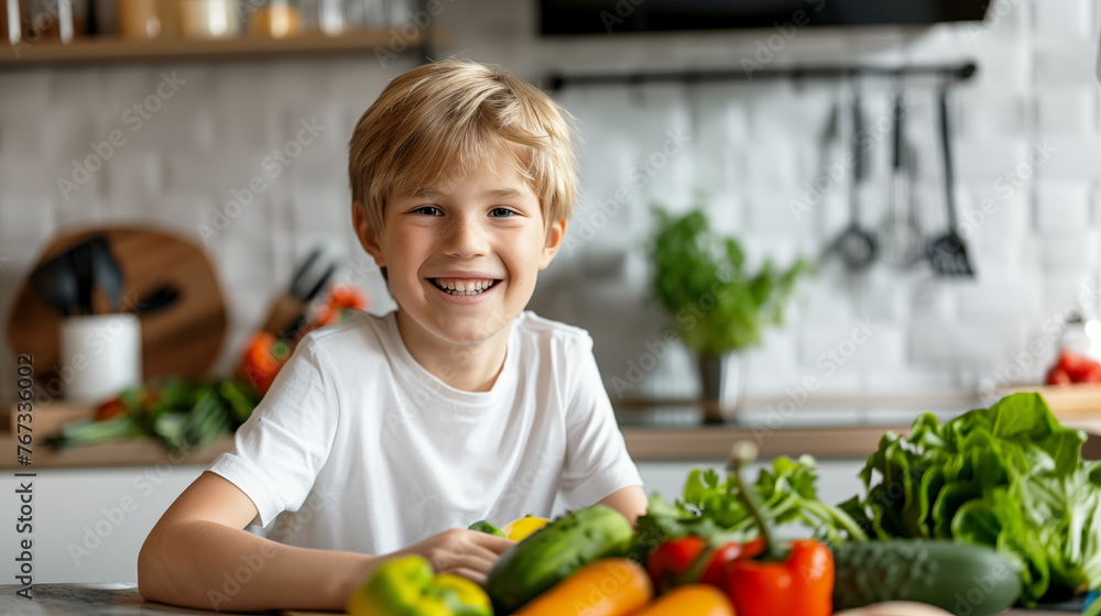 cheerful little boy looking at camera while cooking vegetables in kitchen cheerful little boy looking at camera while cooking vegetables in kitchen
