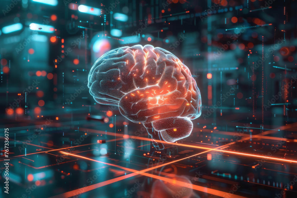 Close up of 3D brain hologram suspended in mid-air on digital interface background, neurology and artificial intelligence concept.