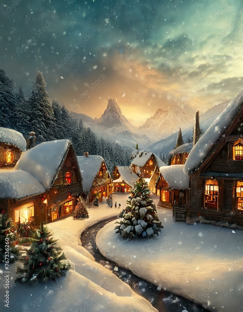 winter landscape in the mountains with cute houses winter landscape in the mountains with cute houses
