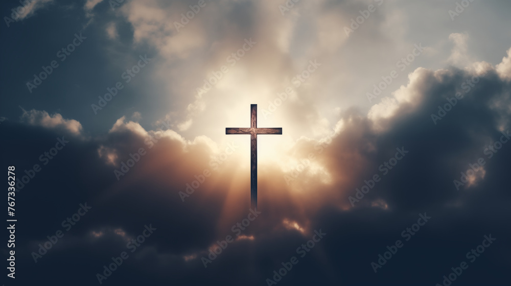 Christian cross shining in sky.