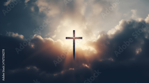 Christian cross shining in sky. © May_Chanikran