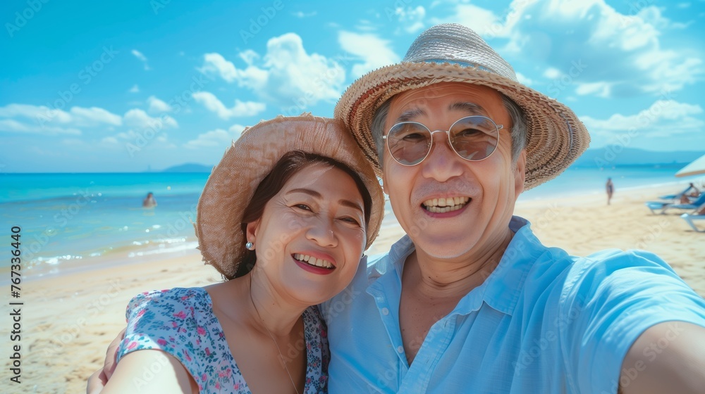 Beautiful korean middle aged couple taking selfie in the beach