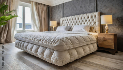 luxury bedroom with a big bed in the morning, interior design