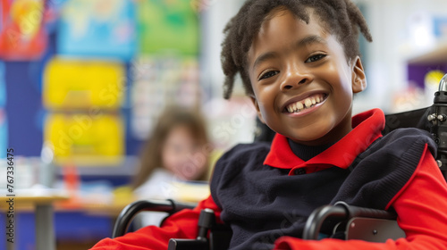 Happy disabled african american school child smiling in a wheelchair in the classroom. Professional portrait of a young black boy with disability. Inclusive & diverse education. Teaching children 