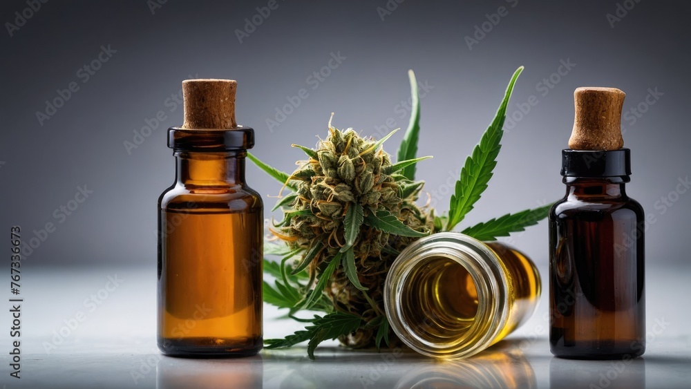 a bottle of cannabis oil next to a marijuana leaf a bottle of cannabis oil next to a marijuana leaf