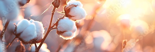 soft white cotton plants in the morning sun with copy space