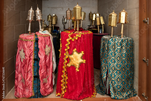 Torah scrolls housed in the holy ark in the sanctuary of the Great Synagogue in Tbilisi, Georgia. photo