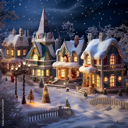 Christmas and New Year miniature village in snow with houses, trees and snowdrifts