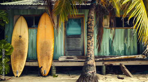 Two old surfboards standing next to a weathered beach hut © Paula