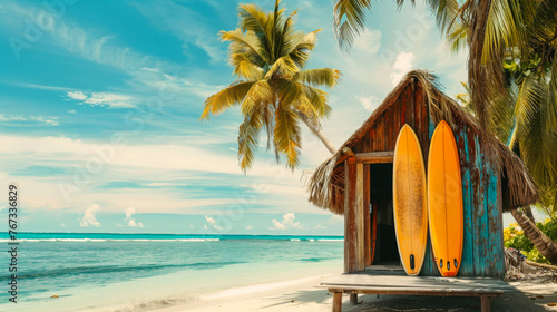 Surfboards standing beside a thatched-roof hut on a sandy beach