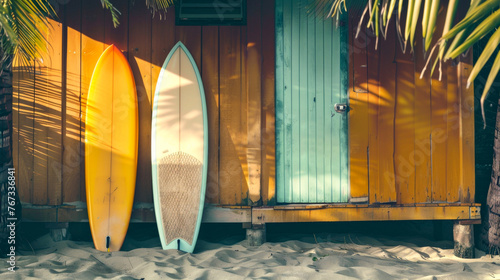 Two surfboards leaning against a rustic wooden shack on a sandy beach