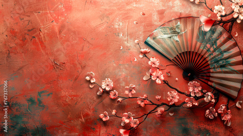 Oriental fan and cherry blossoms on a textured red background