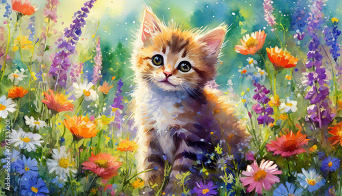 Portret małego kotka pośród polnych kwiatów, ilustracja, tapeta. Generative AI photo