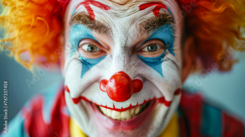 Closeup portrait of a smiling clown with curly red hair and a red nose