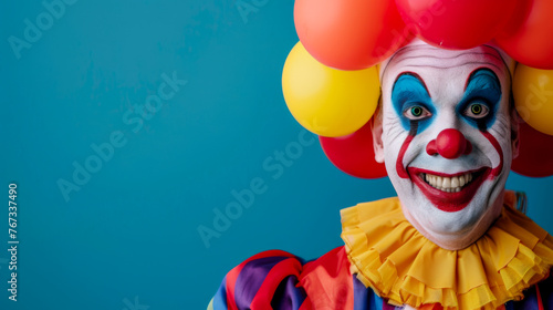 Smiling clown with red nose and colorful wig against blue background