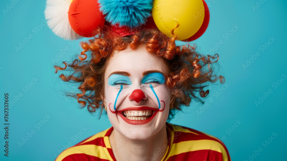 Happy clown with red hair and colorful hat on a blue background Happy clown with red hair and colorful hat on a blue background