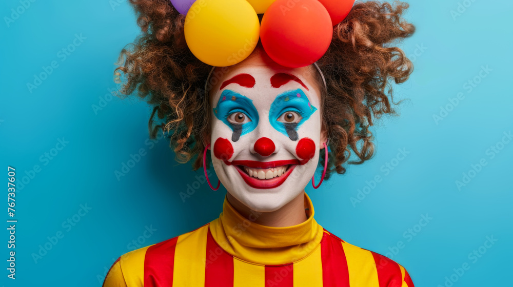 Colorful clown with curly hair and makeup on blue background