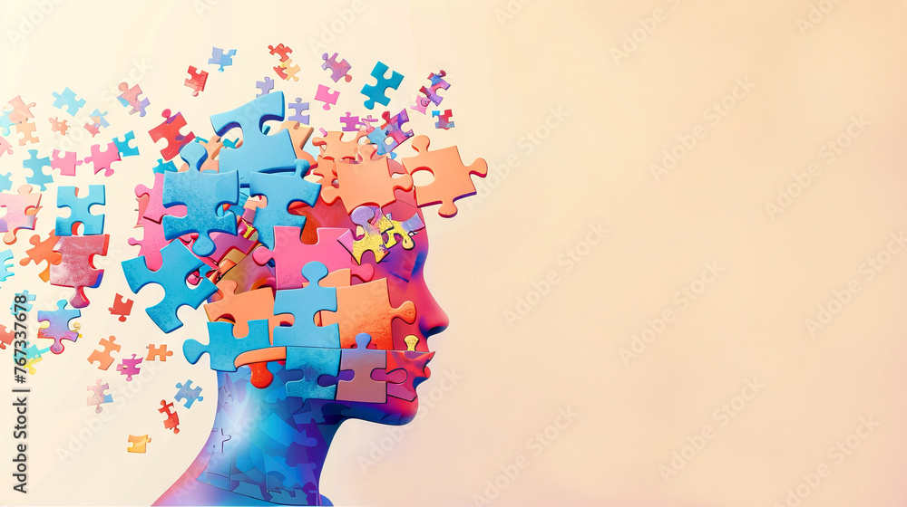 Creative Concept of Human Mind with Colorful Puzzle Pieces Exploding on light background with copy space Creative Concept of Human Mind with Colorful Puzzle Pieces Exploding on light background with copy space
