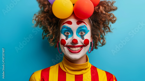 Colorful clown with curly hair and makeup on blue background