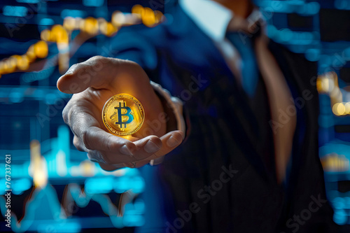 Businessperson Holding a Bitcoin with Financial Graphs in the Background