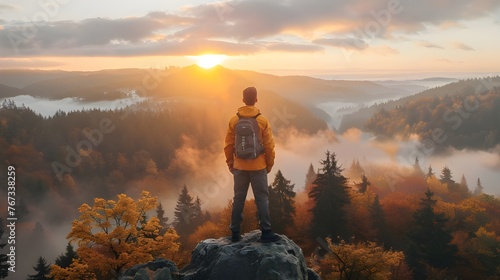 Sporty man on the mountain peak looking on mountain valley with sunbeams at colorful sunset in autumn in Europe. Landscape with traveler, foggy hills, forest in fall, amazing sky and Ai Generated 