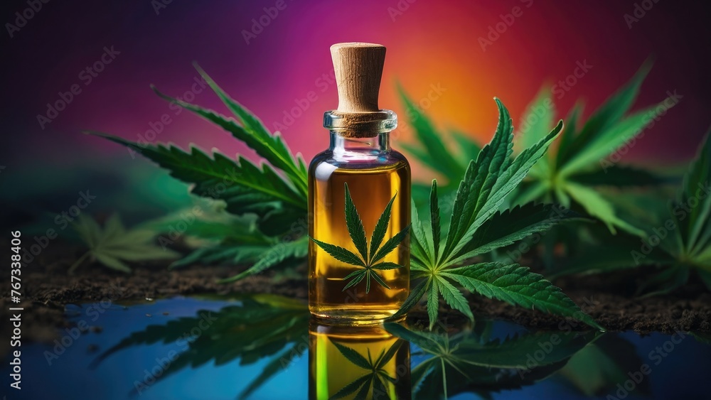 a bottle of cannabis oil next to a marijuana leaf a bottle of cannabis oil next to a marijuana leaf