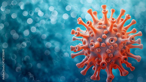 A red and orange virus is shown in a blue background