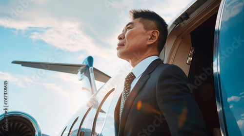A serious rich Asian businessman gets off a luxury private jet. photo