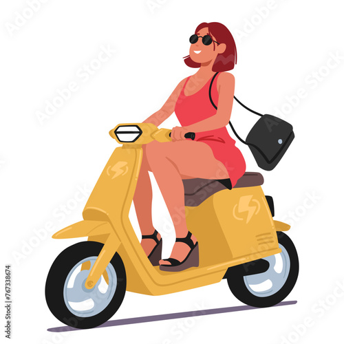 Woman Gracefully Maneuvers Her Electric Moped Through City Streets, Effortlessly Gliding With Eco-friendly Efficiency