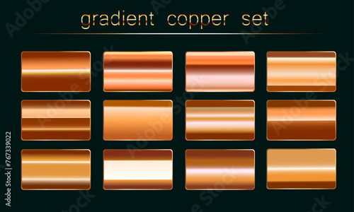 Copper foil texture background. Vector golden shine metallic gradient template. Copper antique color set for border, frame, ribbon design.
