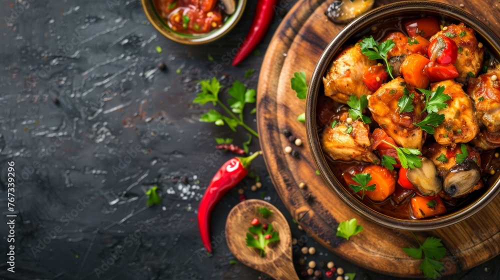 Basque chicken is traditionally stewed with vegetables (tomatoes, peppers, mushrooms) and spices. French dish Basque chicken is traditionally stewed with vegetables (tomatoes, peppers, mushrooms) and spices. French dish