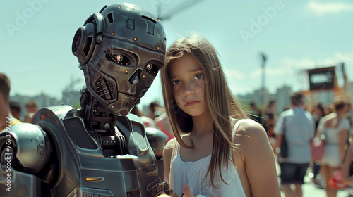 A teenage girl poses next to a robot on the street a lot of people, weekends,robotics,people take pictures next to robots,the world of the future. The concept of friendship between a robot and a child