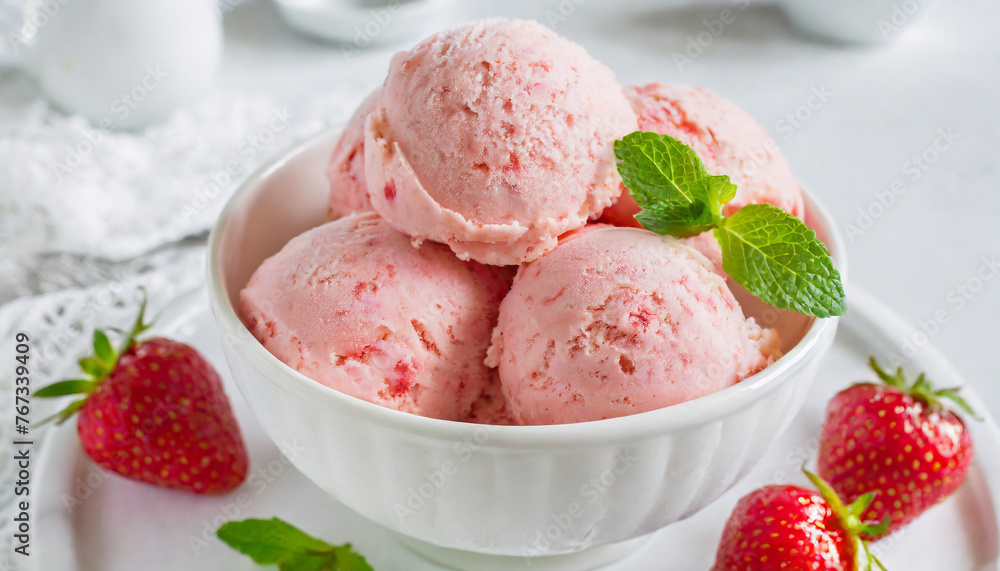 Close-up of tasty strawberry ice-cream balls in bowl. Sweet treat. Close-up of tasty strawberry ice-cream balls in bowl. Sweet treat.