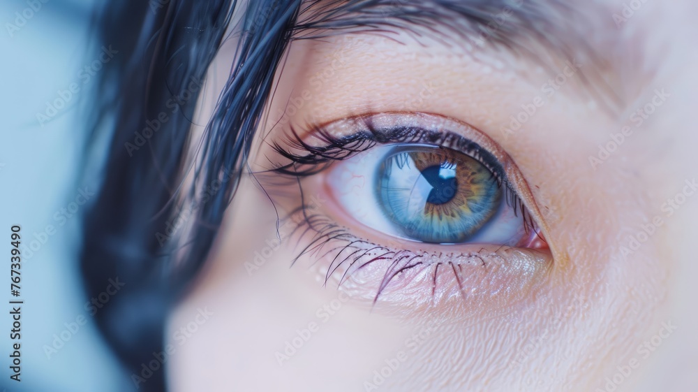 A detailed view of a blue human eye, showcasing the iris, pupil, and surrounding eyelashes