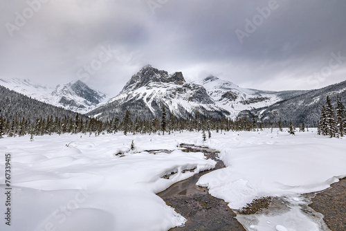 Snow on Rocky Mountain Trails during Winter with stream