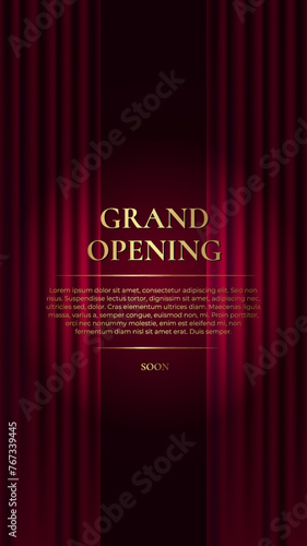 Grand Opening. Premium vertical banner with red curtain and golden text. Vector illustration