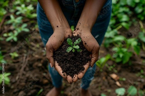 Close up of female famer hands holding soil outdoors at community farm photo