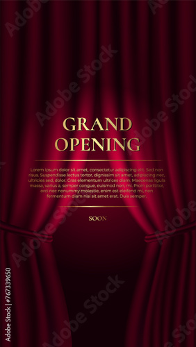 Grand Opening. Premium vertical banner with red curtain and golden text. Vector illustration