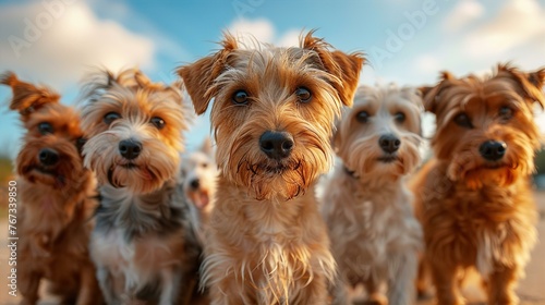 Cute adorable group of dogs looking down to camera. Happy animals, pets, animals care concept