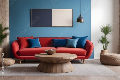 red curved sofa with blue cushions and round rustic wood coffee table against stucco wall with poster. interior design of modern living room