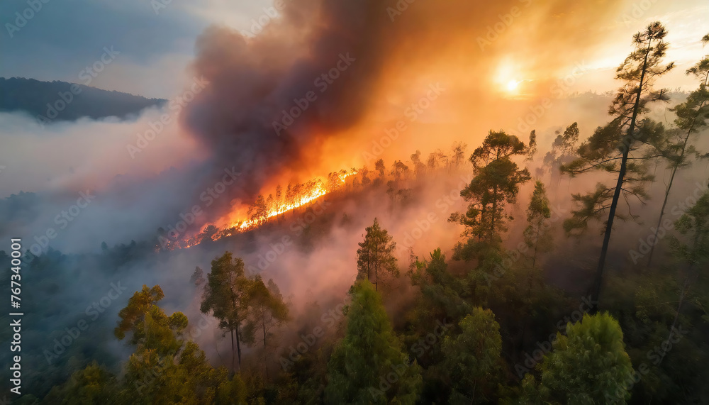 Wildfire Engulfing Forest. Devastating wildfire spreading through a dense forest at dusk with big smoke