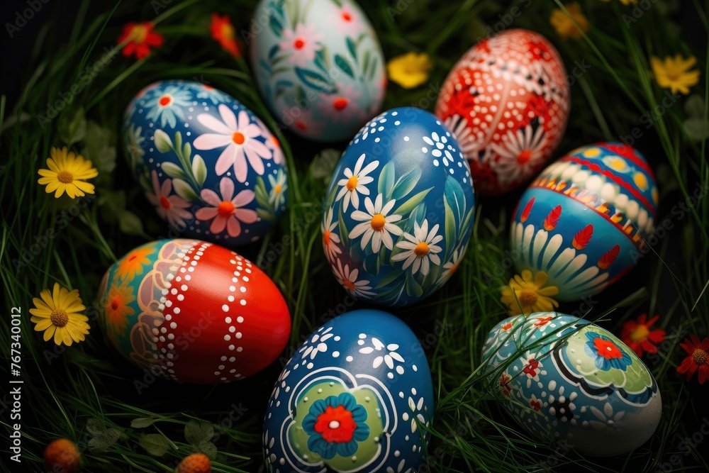 Easter eggs decorated with flowers in the grass - generative ai Easter eggs decorated with flowers in the grass - generative ai