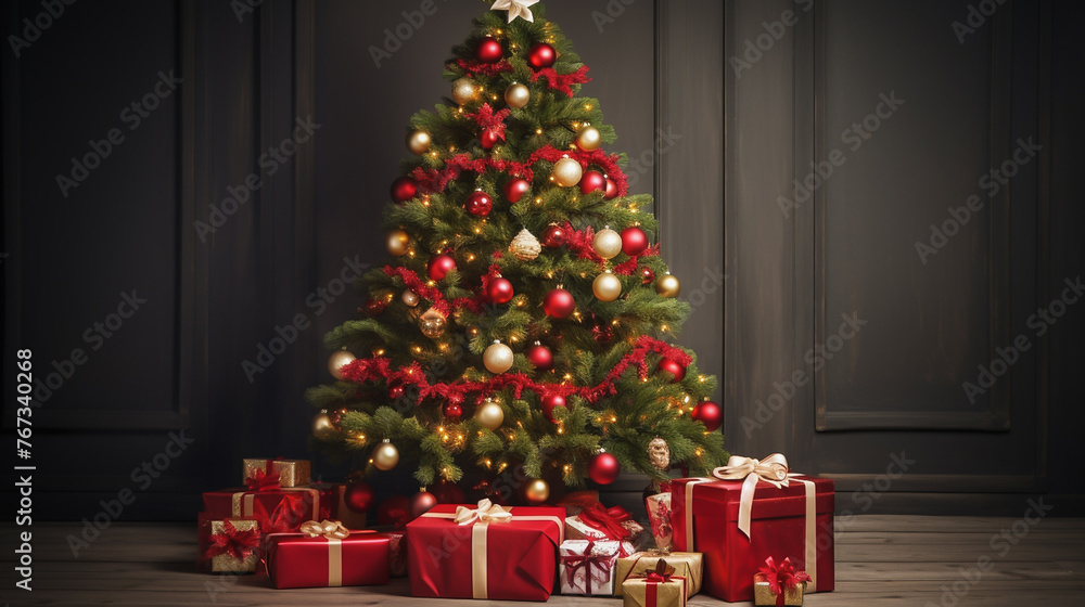 Christmas tree with toys, gifts under the tree