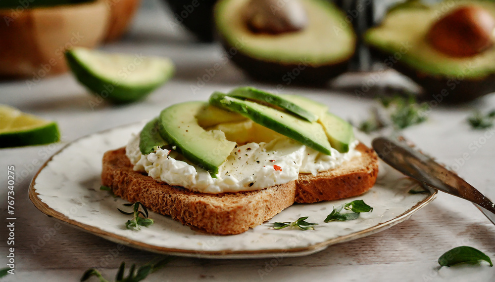 Toasted bread with with cream cheese and avocado on table. Delicious sandwich. Tasty snack.
