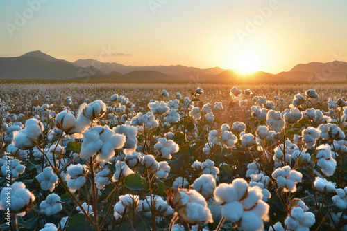 Cotton field background ready for harvest at sunset photo