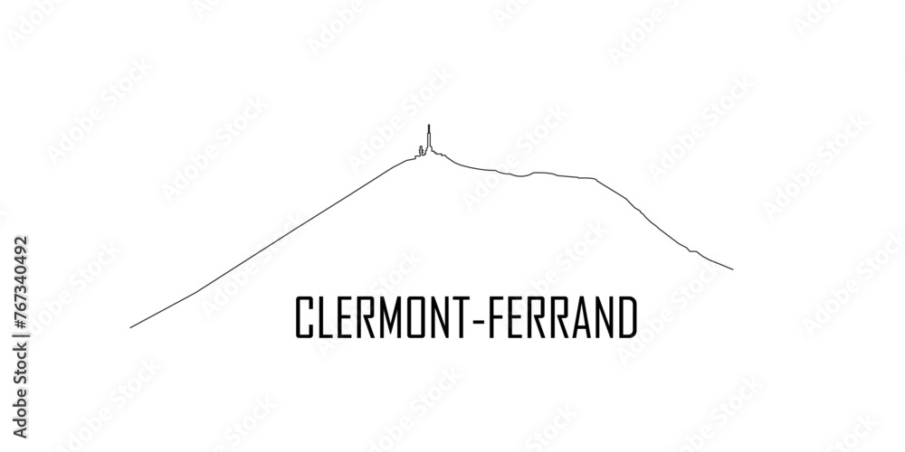 Silouhette du Puy de Dôme en contour ligne noire. texte "Clermont-Ferrand". Fond blanc. Minimaliste - obrazy, fototapety, plakaty 